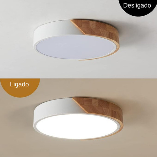 Luminária Plafon Led Sobrepor Redondo C/ Madeira 25w 3 Em 1 Estrutura Branco