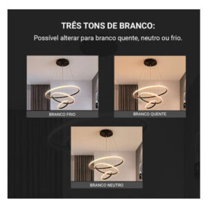 Luminária Pendente Lustre 3 Anéis Arcos Led Luz 3 Em 1 Preto