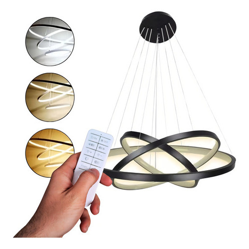 Lustre Led Moderno Pendente Anéis 3 Arcos formatos reguláveis 89w Estrutura Preto 127/220v