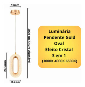 Kit 2 Luminária Pendente Teto Cristal Led Oval Dourado 3 Em1 Voltagem127/220v Dourado