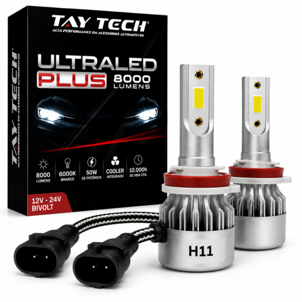 Par de Lâmpadas Super LED Farol Ultra Plus 6000K Branca H11