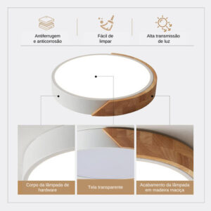Luminária Plafon Led Sobrepor Redondo C/ Madeira 25w 3 Em 1 Estrutura Branco