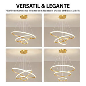 Lustre Led 3 Arcos Moderno Pendente Anéis De 89w Dourado