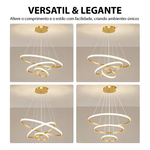 Lustre Led 3 Arcos Moderno Pendente Anéis De 89w Dourado