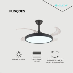 Ventilador Retrátil Led Moderno Preto 6 Velocidades Embuled