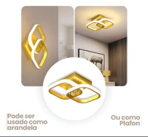 Plafon LED Retangular Dourado 3500K a 6500K Metal 28x19cm