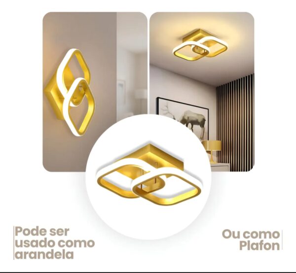 Plafon LED Retangular Dourado 3500K a 6500K Metal 28x19cm