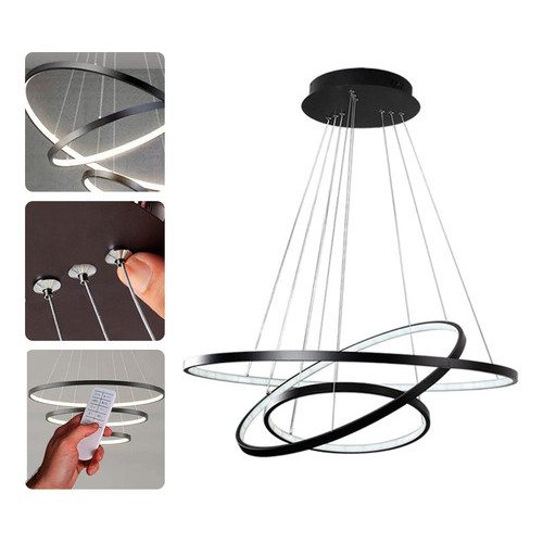 Lustre Led Moderno Pendente Anéis 3 Arcos formatos reguláveis 89w Estrutura Preto 127/220v