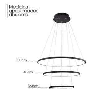 Lustre Led Moderno Pendente Anéis 3 Arcos formatos reguláveis 89w Estrutura Preto 127/220v