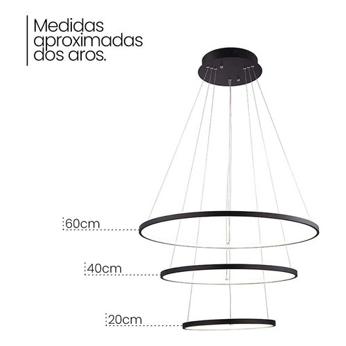 Lustre Led Moderno Pendente Anéis 3 Arcos formatos reguláveis 89w Estrutura Preto 127/220v