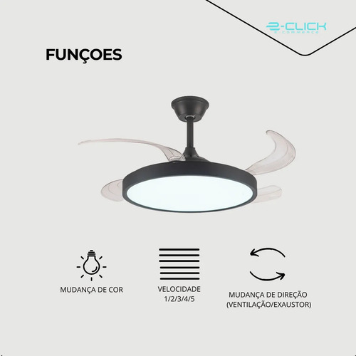Ventilador Retrátil Led Moderno Preto 6 Velocidades Embuled 1.02 M 50/60hz Preto 127/220v Incolor Plástico 4