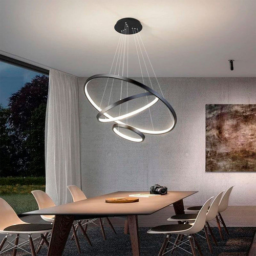 Lustre Led Moderno Pendente Anéis 3 Arcos formatos reguláveis 89w Estrutura Preto 127/220v