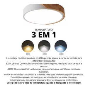 Luminária Plafon Led Sobrepor Redondo C/ Madeira 25w 3 Em 1 Estrutura Branco