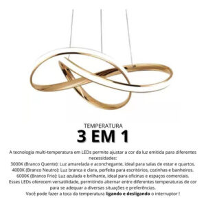 Lustre Pendente Led 40w Moderno 3 Em 1 Dourado Lp-02d