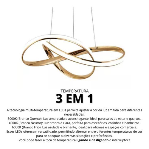 Lustre Pendente Led 40w Moderno 3 Em 1 Dourado Lp-02d