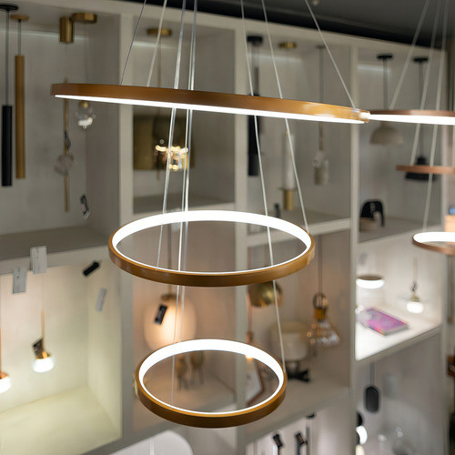 Lustre Led 3 Arcos Moderno Pendente Anéis De 89w Dourado