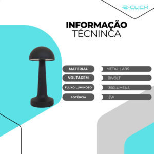 Luminária De Mesa Led Preta Eclick Recarregável 5w Bivolt Preto Preto 127/220v