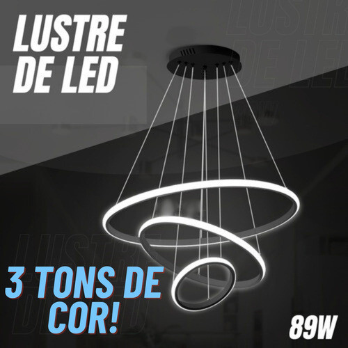 Luminária Pendente Lustre 3 Anéis Arcos Led Luz 3 Em 1 Preto