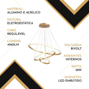 Pendente Luminaria Lustre Led Teto Posições regulaveis Moderno Sala Jantar 60w 127/220v Dourado