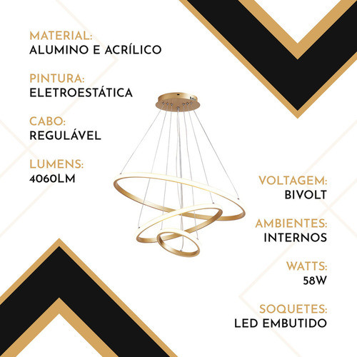 Pendente Luminaria Lustre Led Teto Posições regulaveis Moderno Sala Jantar 60w 127/220v Dourado