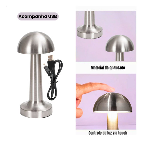 Abajur De Mesa Touch Cromado  Recarregável 5w Bivolt