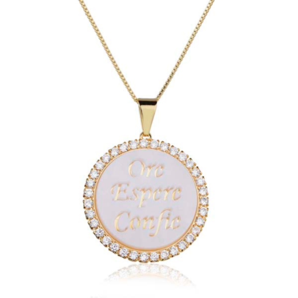 Colar Ore Espere Confie Ouro 18k Mandala Madrepérola  Luxo