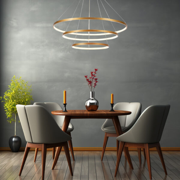 Lustre pendente Led Integrado 89W Dourado Moderno 3 Arcos com controle