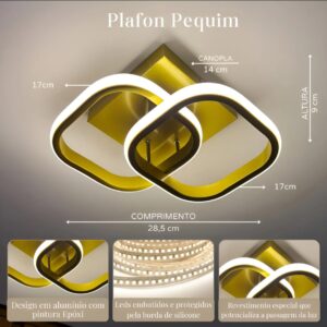 Plafon LED Retangular Dourado 3500K a 6500K Metal 28x19cm