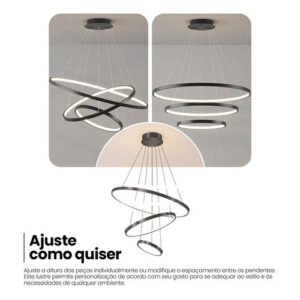 Lustre Led Moderno Pendente Anéis 3 Arcos formatos reguláveis 89w Estrutura Preto 127/220v