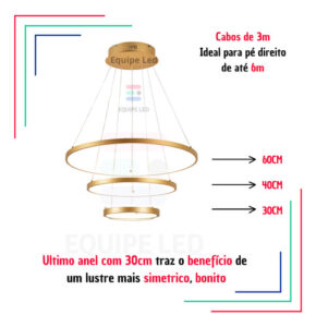 Lustre Pendente Anéis 3 Arcos Premium 60cm Cor Dourado 127/220v Dourado