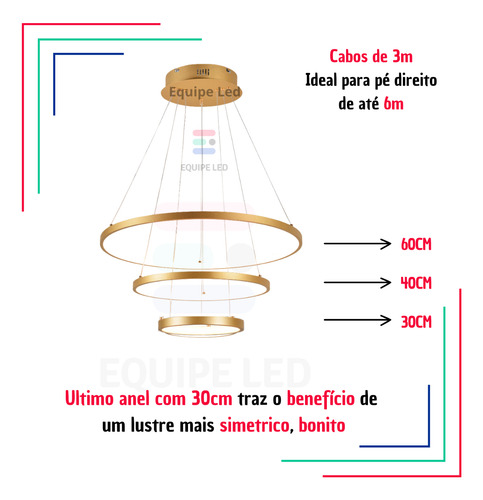 Lustre Pendente Anéis 3 Arcos Premium 60cm Cor Dourado 127/220v Dourado