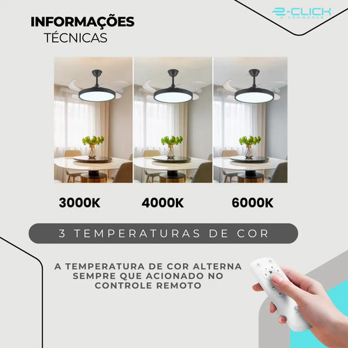 Ventilador Retrátil Led Moderno Preto 6 Velocidades Embuled 1.02 M 50/60hz Preto 127/220v Incolor Plástico 4