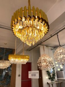 Lustre Pendente de Cristal Dourado 40cm 6 Lâmpadas E14 Com Cabo 1 Metro