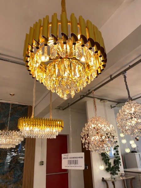 Lustre Pendente de Cristal Dourado 40cm 6 Lâmpadas E14 Com Cabo 1 Metro