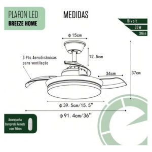 Ventilador Teto Retrátil Embuled Breeze Home Preto/dourado Estrutura Branco Pás Transparente Diâmetro 920 Mm Frequência
