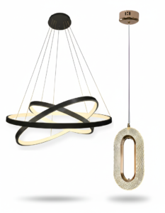 Kit Lustre LED Moderno 89W 3 Anéis Preto + Pendente Cristal Oval Dourado 127/220V Sala Quarto Lavabo