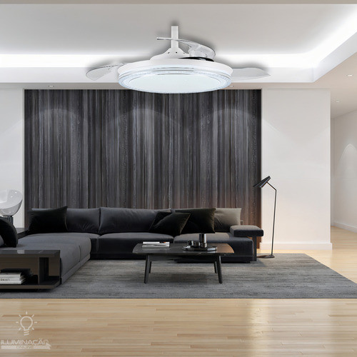 Ventilador Teto Retrátil Led Breeze Home 36  Controle 3 Pás Transparente 6 Velocidades 30w 3 Em 1 Estrutura Branco Crist