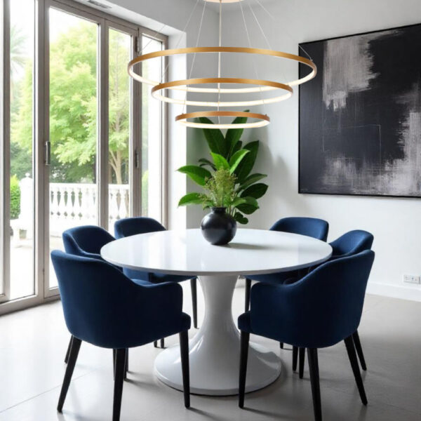 Lustre pendente Led Integrado 89W Dourado Moderno 3 Arcos com controle