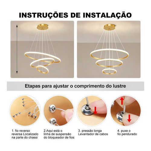 Lustre Led 3 Arcos Moderno Pendente Anéis De 89w Dourado