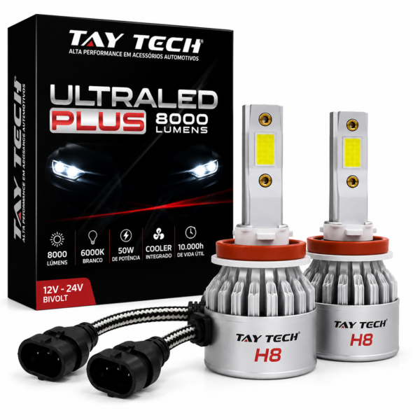 Par de Lâmpadas Super LED Farol Ultra Plus 6000K Branca H8