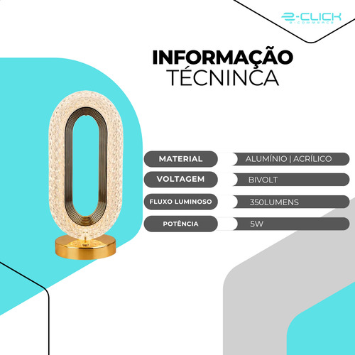 Luminária Cristal Abajur Oval Usb 5w  Bivolt Dourado Eclick Dourado Dourado 127/220v