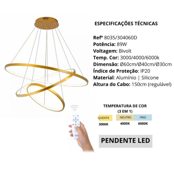 Lustre pendente Led Integrado 89W Dourado Moderno 3 Arcos com controle