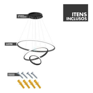 Luminária Pendente Lustre 3 Anéis Arcos Led Luz 3 Em 1 Preto