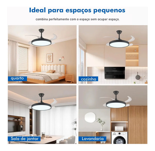 Ventilador Retrátil Led Moderno Preto 6 Velocidades Embuled 1.02 M 50/60hz Preto 127/220v Incolor Plástico 4