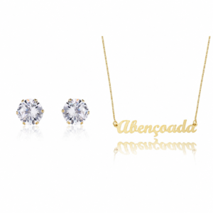 Conjunto Colar Abençoada E Brinco Ponto De Luz Vitrine Ouro