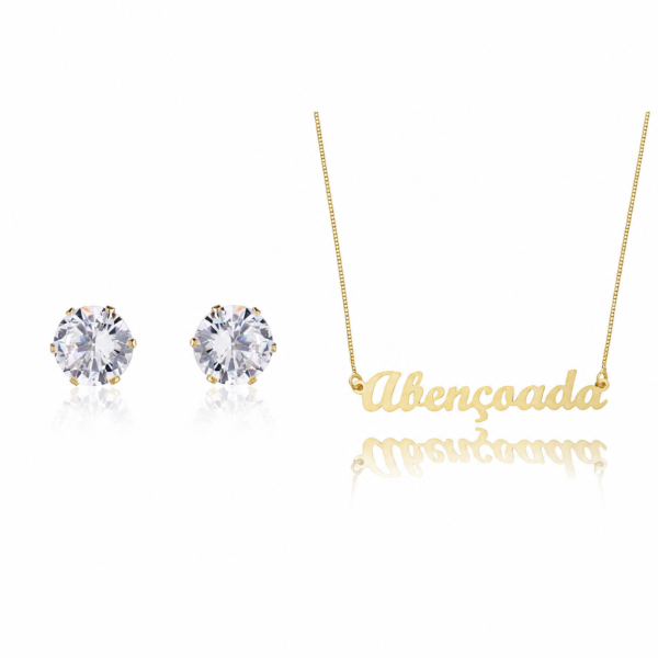 Conjunto Colar Abençoada E Brinco Ponto De Luz Vitrine Ouro