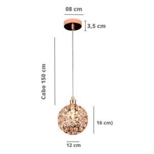 Pendente Metal + Cristal Rose Cozinha Quarto Sala Lavabo