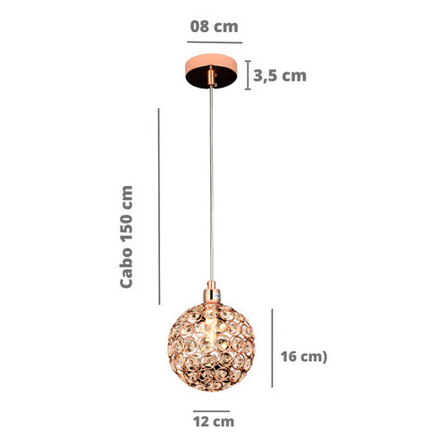 Pendente Metal + Cristal Rose Cozinha Quarto Sala Lavabo