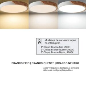 Luminária Plafon Led Sobrepor Redondo C/ Madeira 25w 3 Em 1 Estrutura Branco