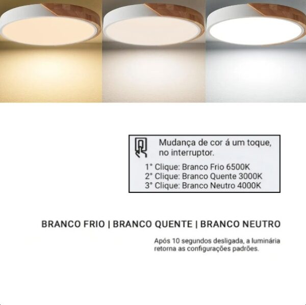 Luminária Plafon Led Sobrepor Redondo C/ Madeira 25w 3 Em 1 Estrutura Branco